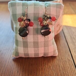 Elegant Beaded Dangle Earrings In Brown, Pink, Black, & Clear Crystays